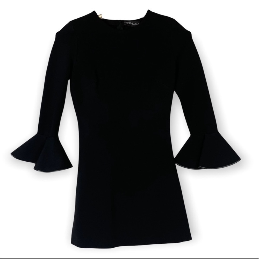 DAVID KOMA Black Flared Bell Sleeve Mini Elegant Cocktail Party Dress